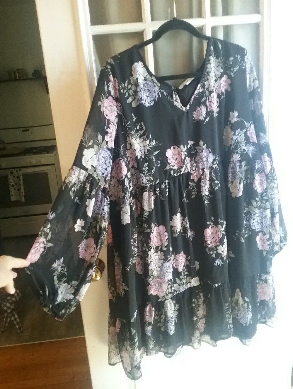 Floral Black  Bohimian Type, Blouse with Bottom Ruffle and Flowing Sleeves- 2X